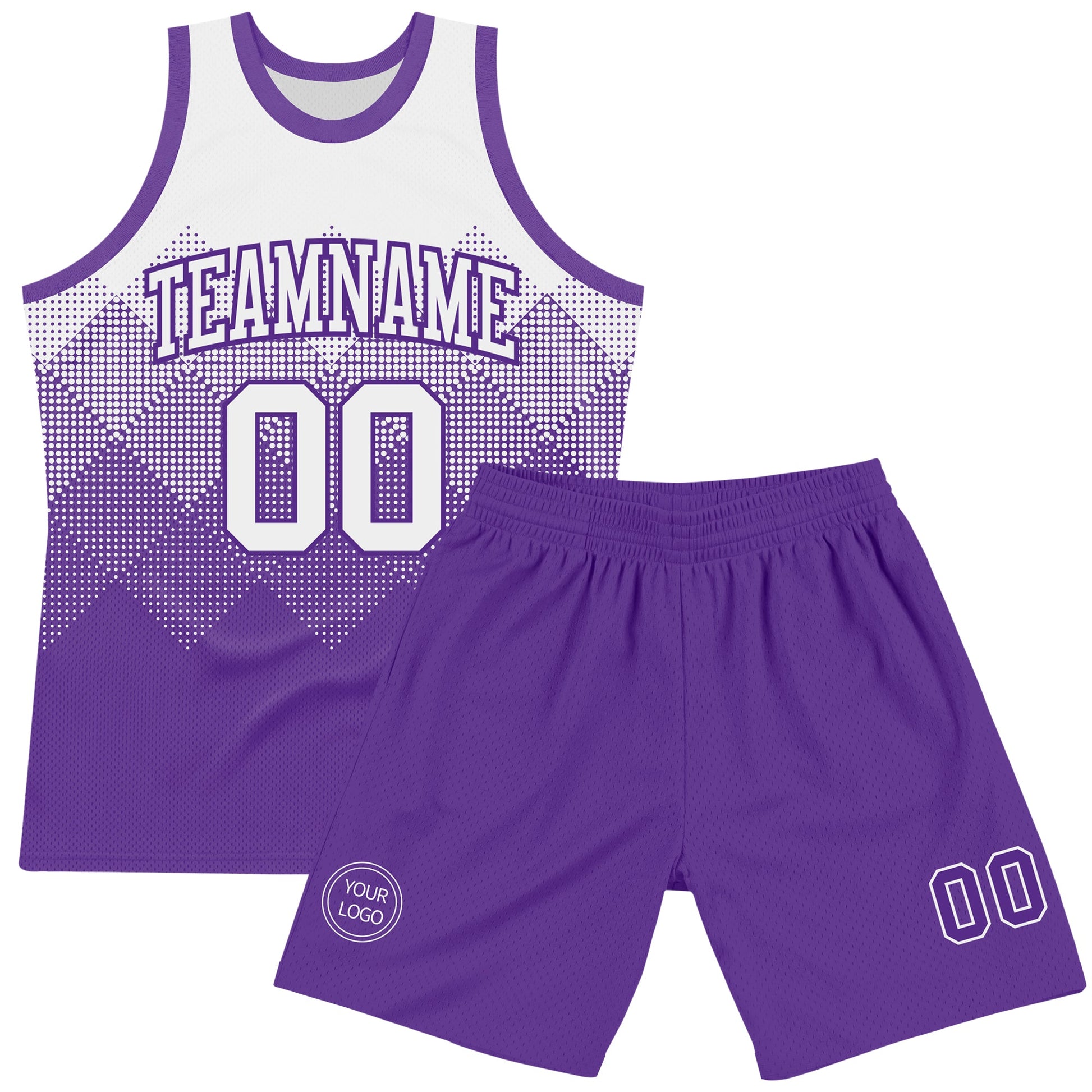 Custom White Purple Gradient Square Shapes Round Neck Sublimation Basketball Set Jersey view 2