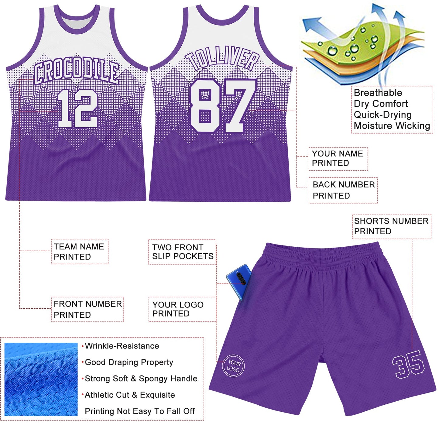 Custom White Purple Gradient Square Shapes Round Neck Sublimation Basketball Set Jersey view 3
