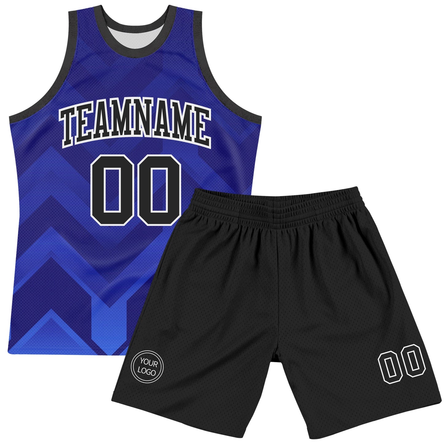 Custom Dark Purple Black Royal-White Geometric Shape Round Neck Sublimation Basketball Set Jersey view 2