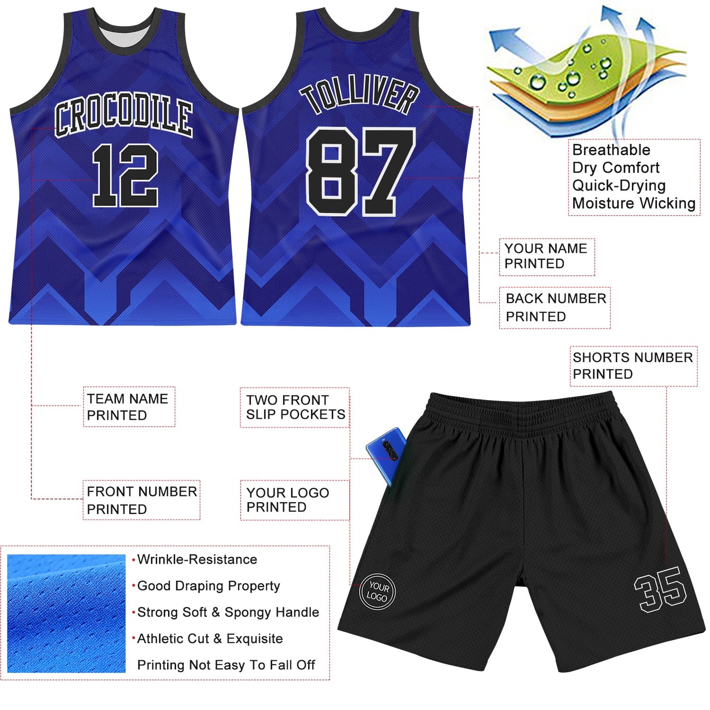 Custom Dark Purple Black Royal-White Geometric Shape Round Neck Sublimation Basketball Set Jersey view 3