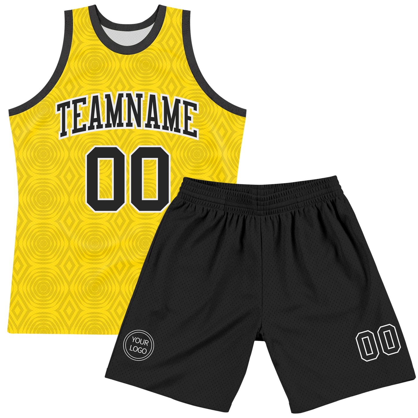 Custom Gold Black-White Geometric Shape Round Neck Sublimation Basketball Set Jersey view 2