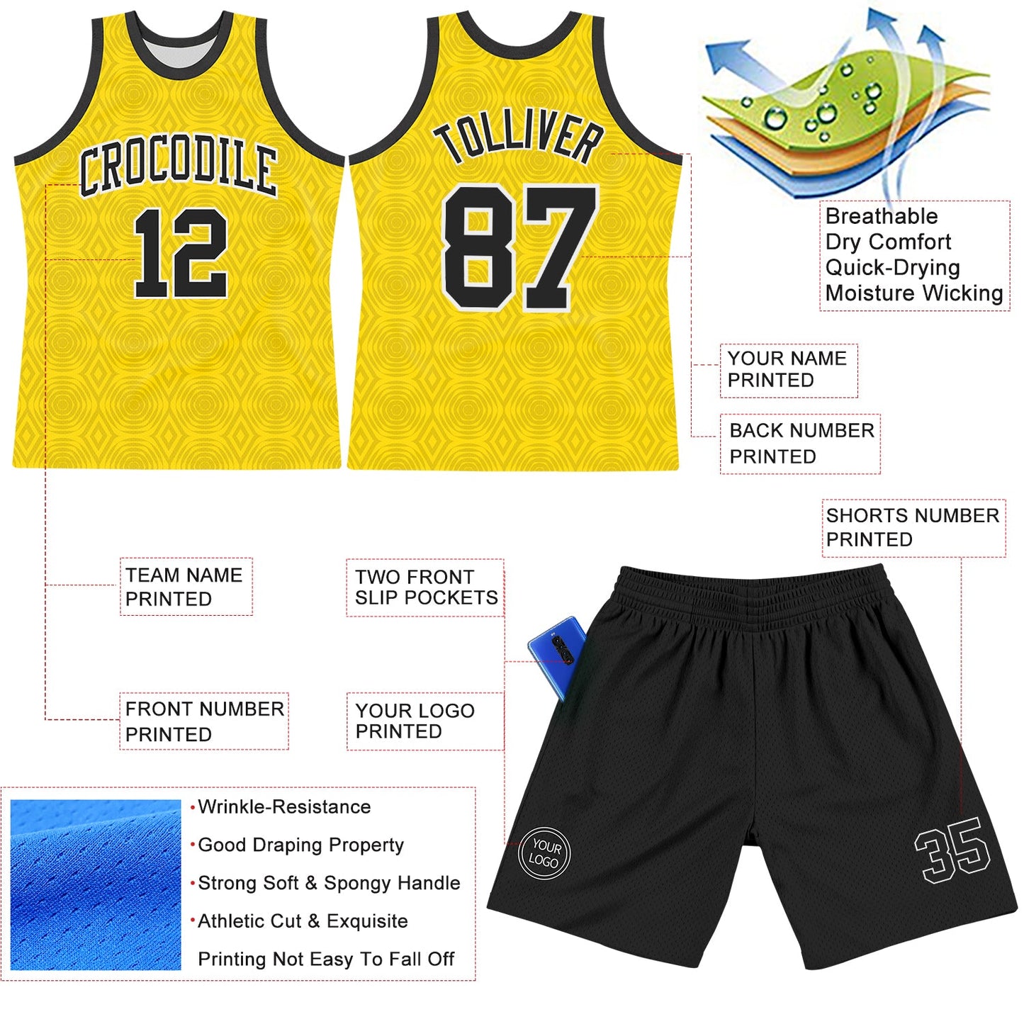 Custom Gold Black-White Geometric Shape Round Neck Sublimation Basketball Set Jersey view 3