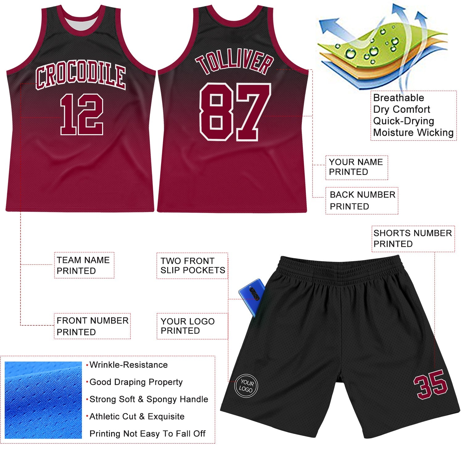 Custom Black Crimson-White Fade Fashion Round Neck Sublimation Basketball Set Jersey view 3