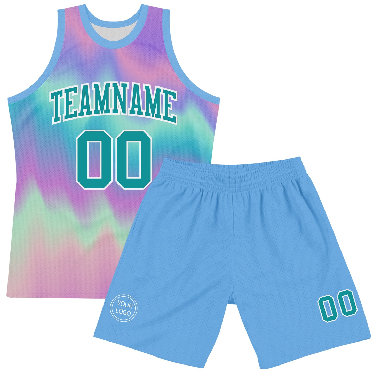 Custom Tie Dye Teal-White Round Neck Sublimation Basketball Set Jersey view 2