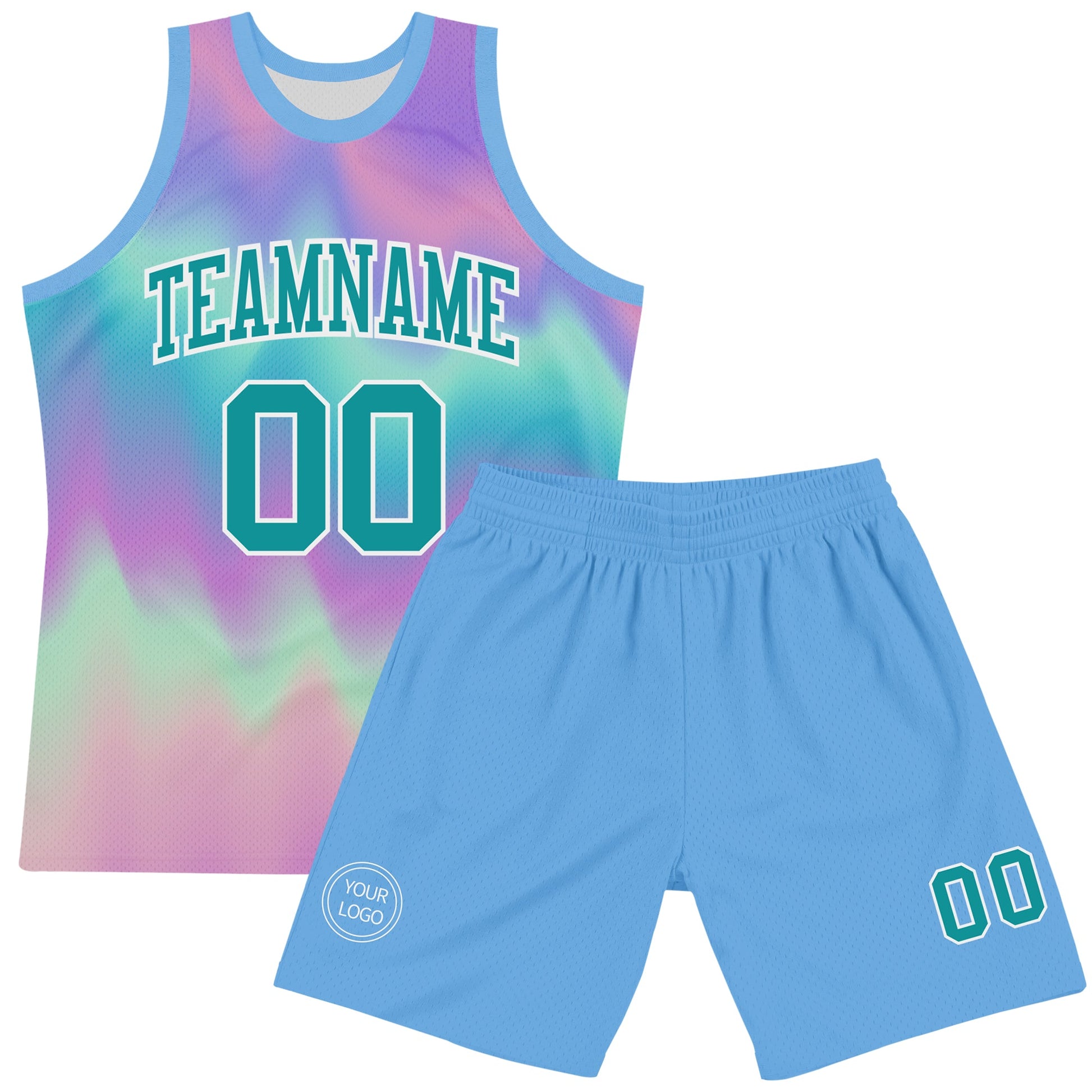 Custom Tie Dye Teal-White Round Neck Sublimation Basketball Set Jersey view 2