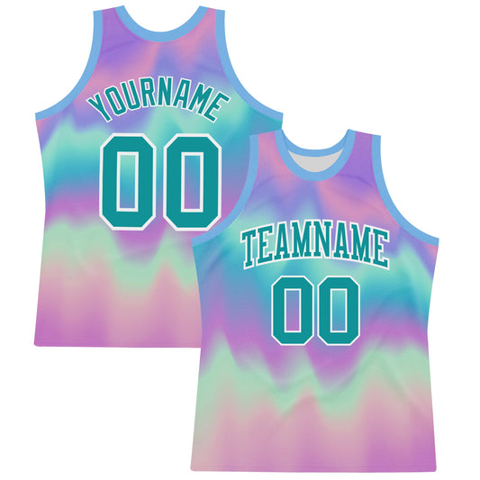 Custom Tie Dye Teal-White Round Neck Sublimation Basketball Set Jersey - Main View