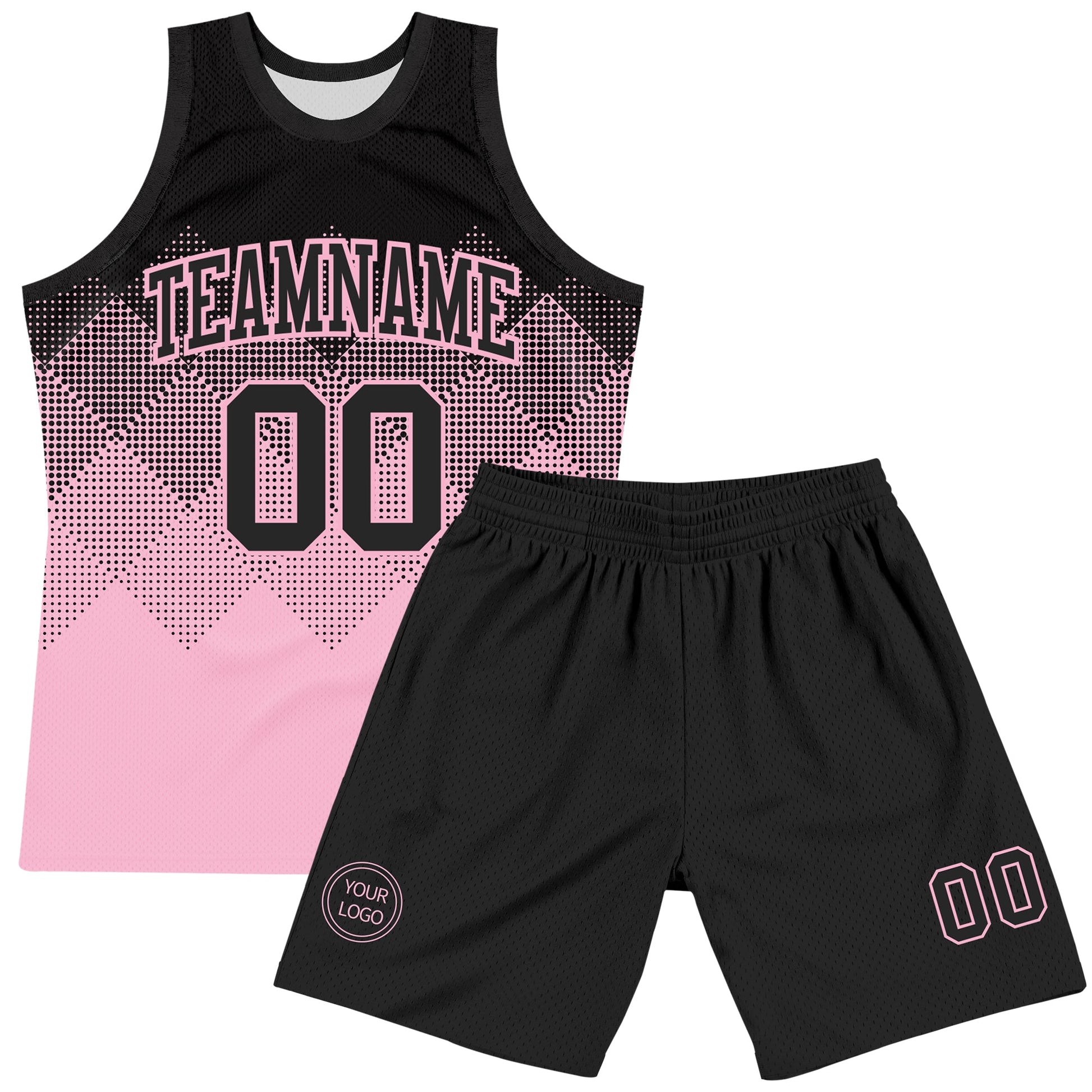 Custom Black Light Pink Gradient Square Shapes Round Neck Sublimation Basketball Set Jersey view 2