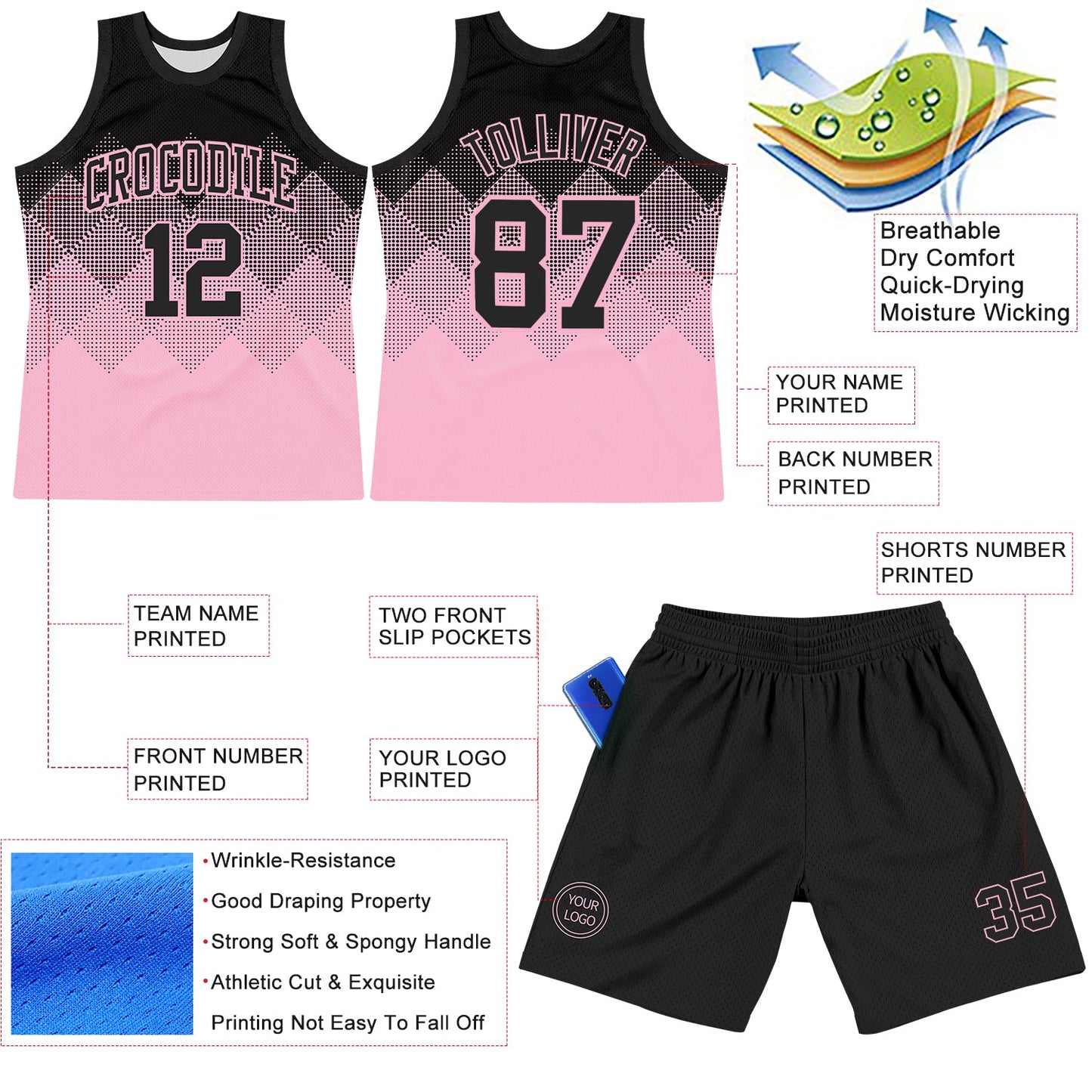 Custom Black Light Pink Gradient Square Shapes Round Neck Sublimation Basketball Set Jersey view 3