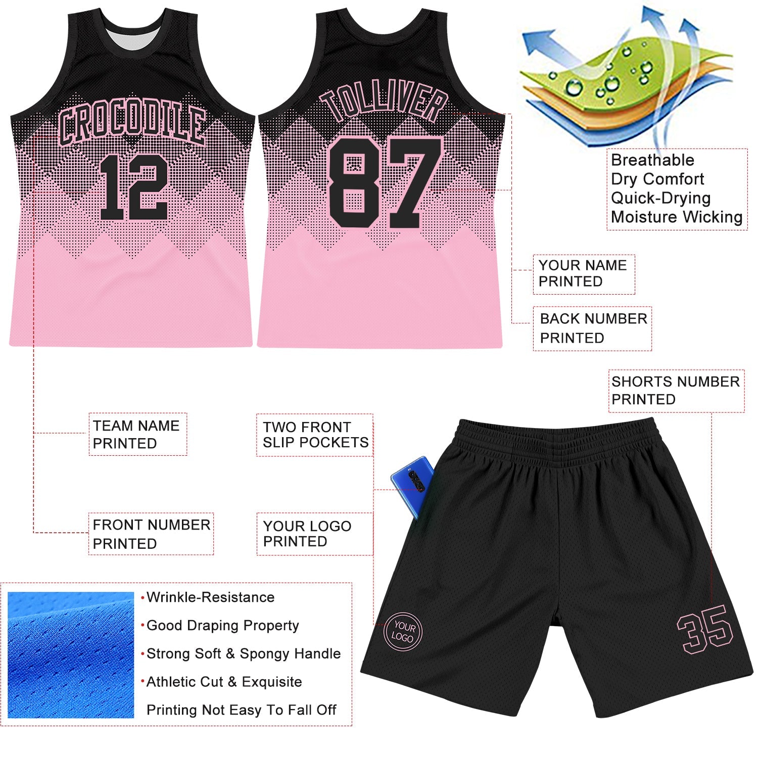 Custom Black Light Pink Gradient Square Shapes Round Neck Sublimation Basketball Set Jersey view 3