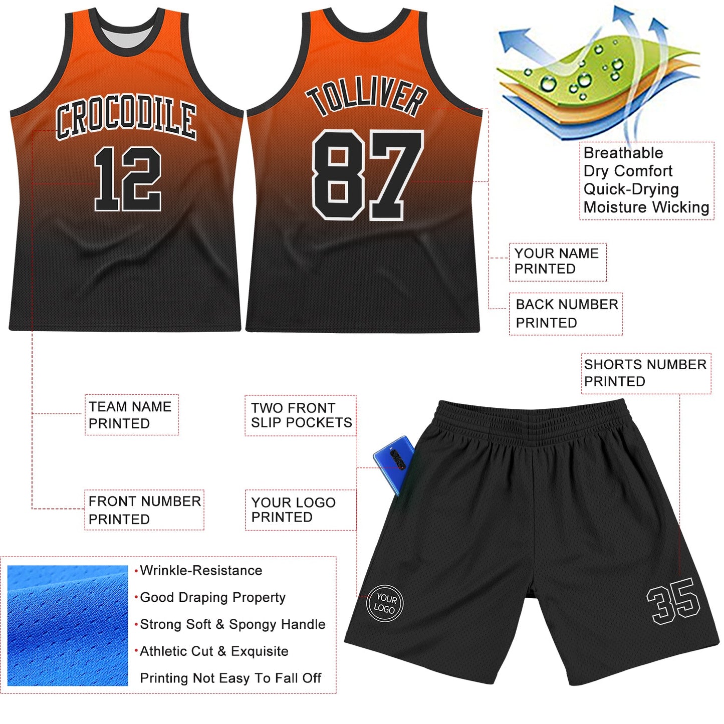 Custom Orange Black-White Gradient Square Shapes Round Neck Sublimation Basketball Set Jersey view 3