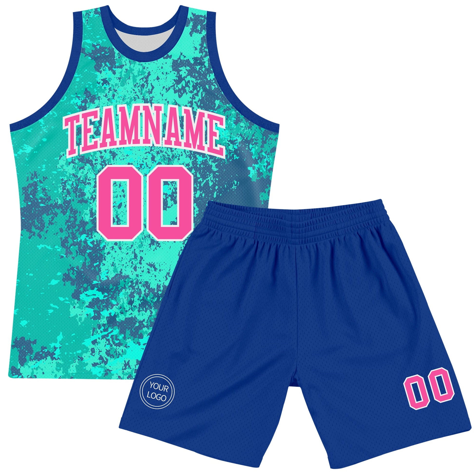 Custom Teal Pink Royal-White Splash Round Neck Sublimation Basketball Set Jersey view 2