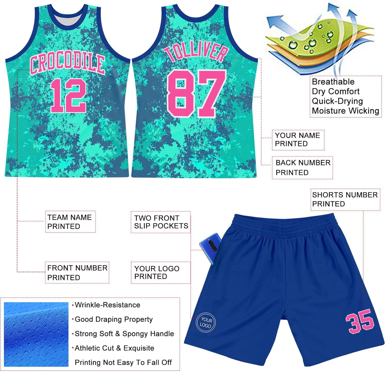 Custom Teal Pink Royal-White Splash Round Neck Sublimation Basketball Set Jersey view 3