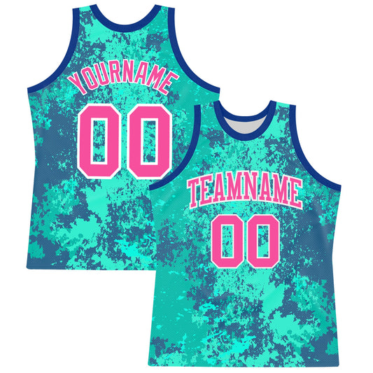 Custom Teal Pink Royal-White Splash Round Neck Sublimation Basketball Set Jersey - Main View