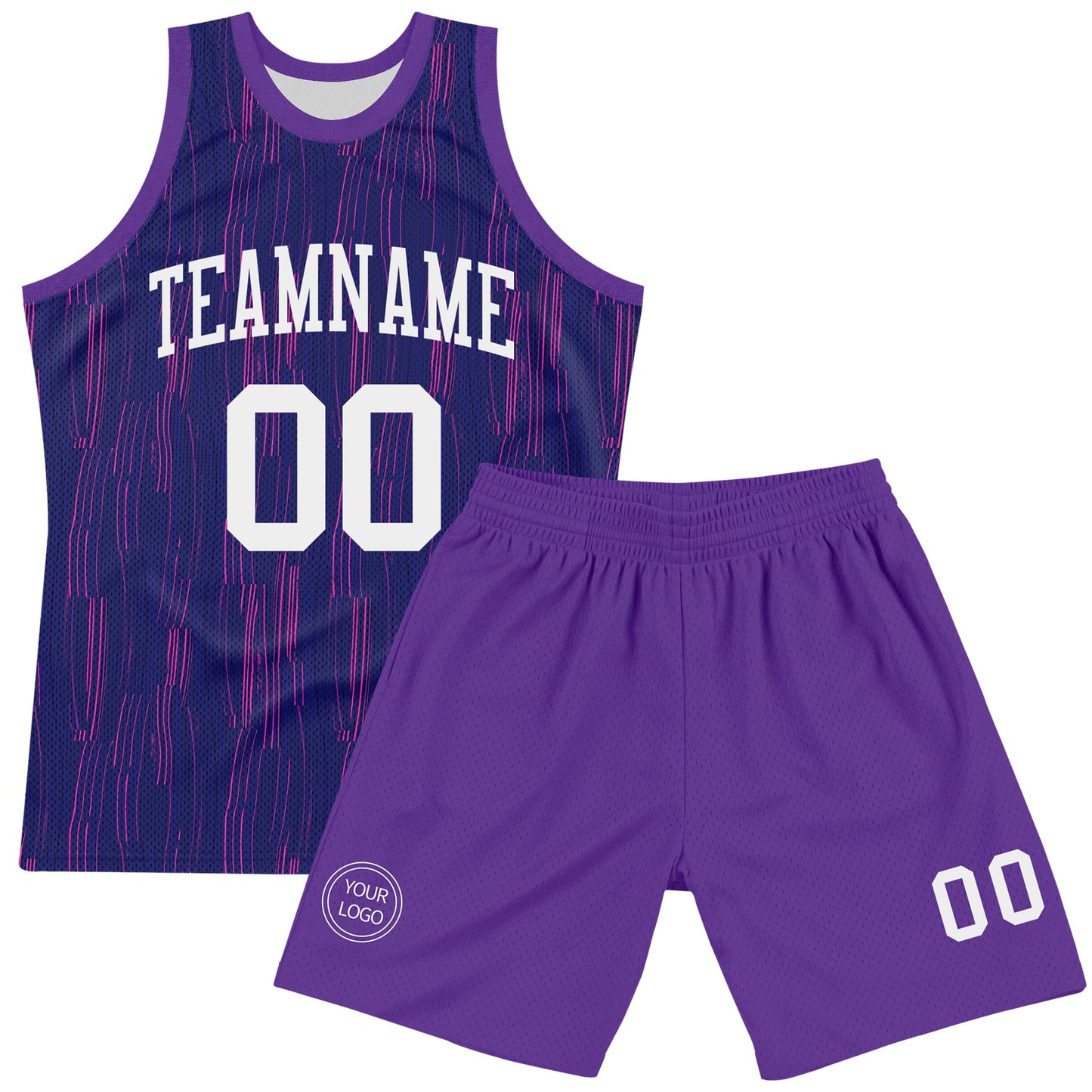 Custom Purple White-Pink Line Round Neck Sublimation Basketball Set Jersey view 2
