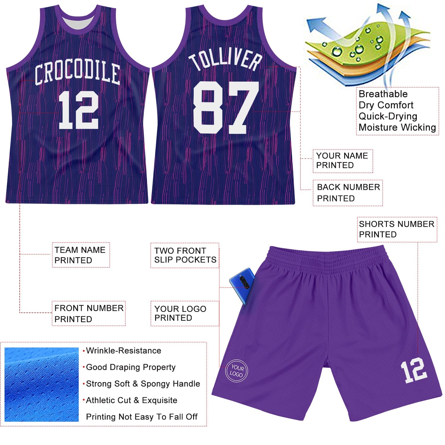 Custom Purple White-Pink Line Round Neck Sublimation Basketball Set Jersey view 3