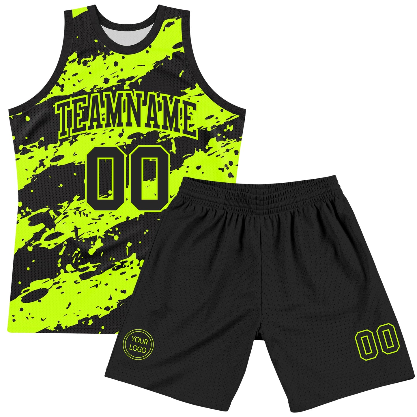 Custom Black Neon Green Splash Round Neck Sublimation Basketball Set Jersey view 2