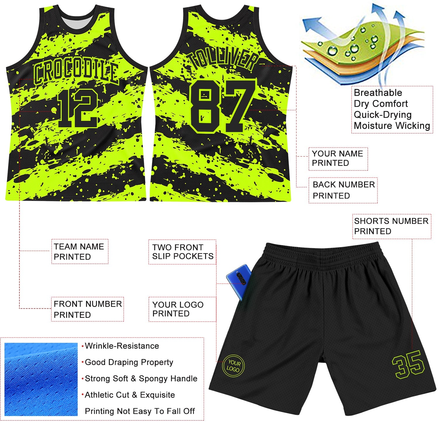 Custom Black Neon Green Splash Round Neck Sublimation Basketball Set Jersey view 3