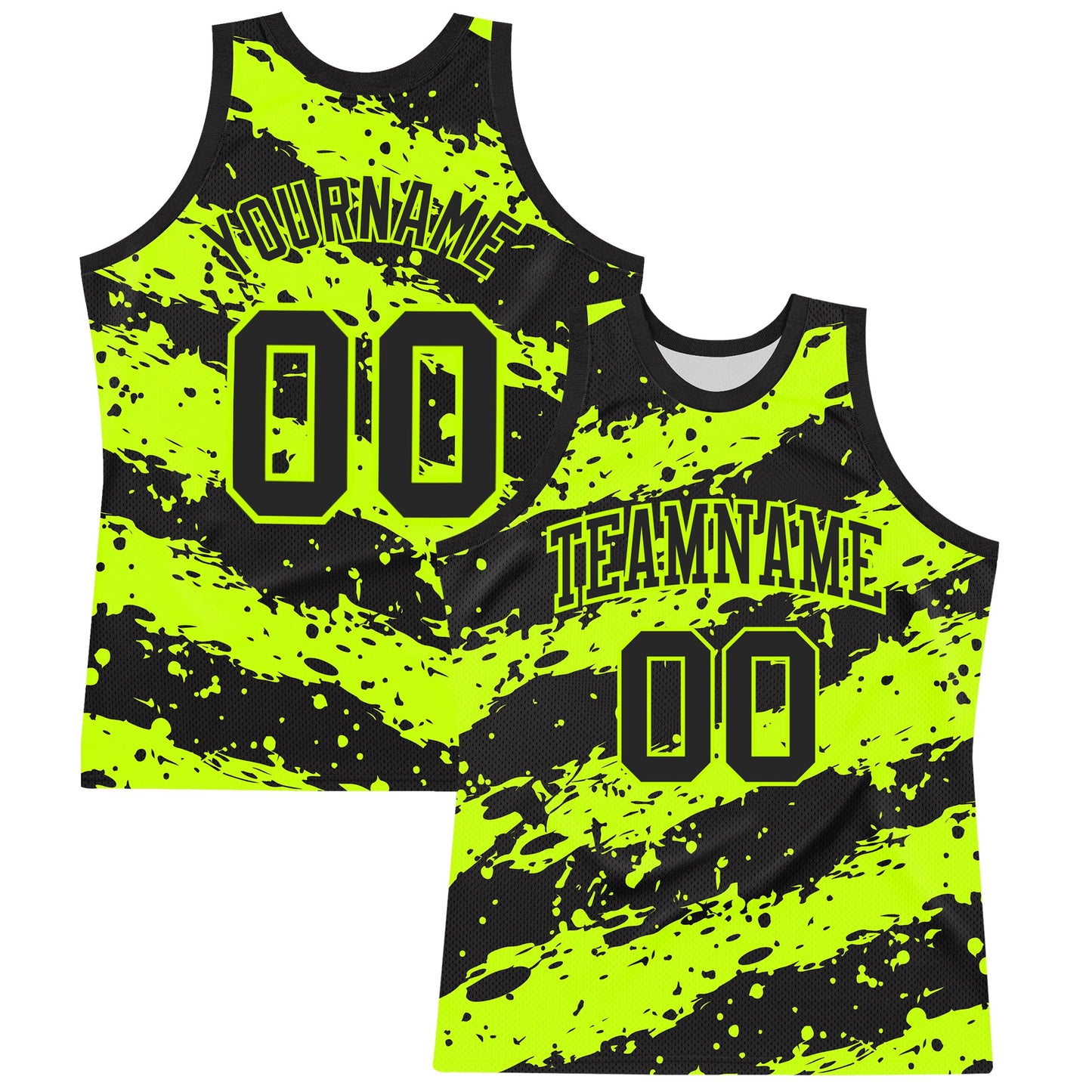 Custom Black Neon Green Splash Round Neck Sublimation Basketball Set Jersey - Main View