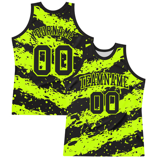 Custom Black Neon Green Splash Round Neck Sublimation Basketball Set Jersey - Main View