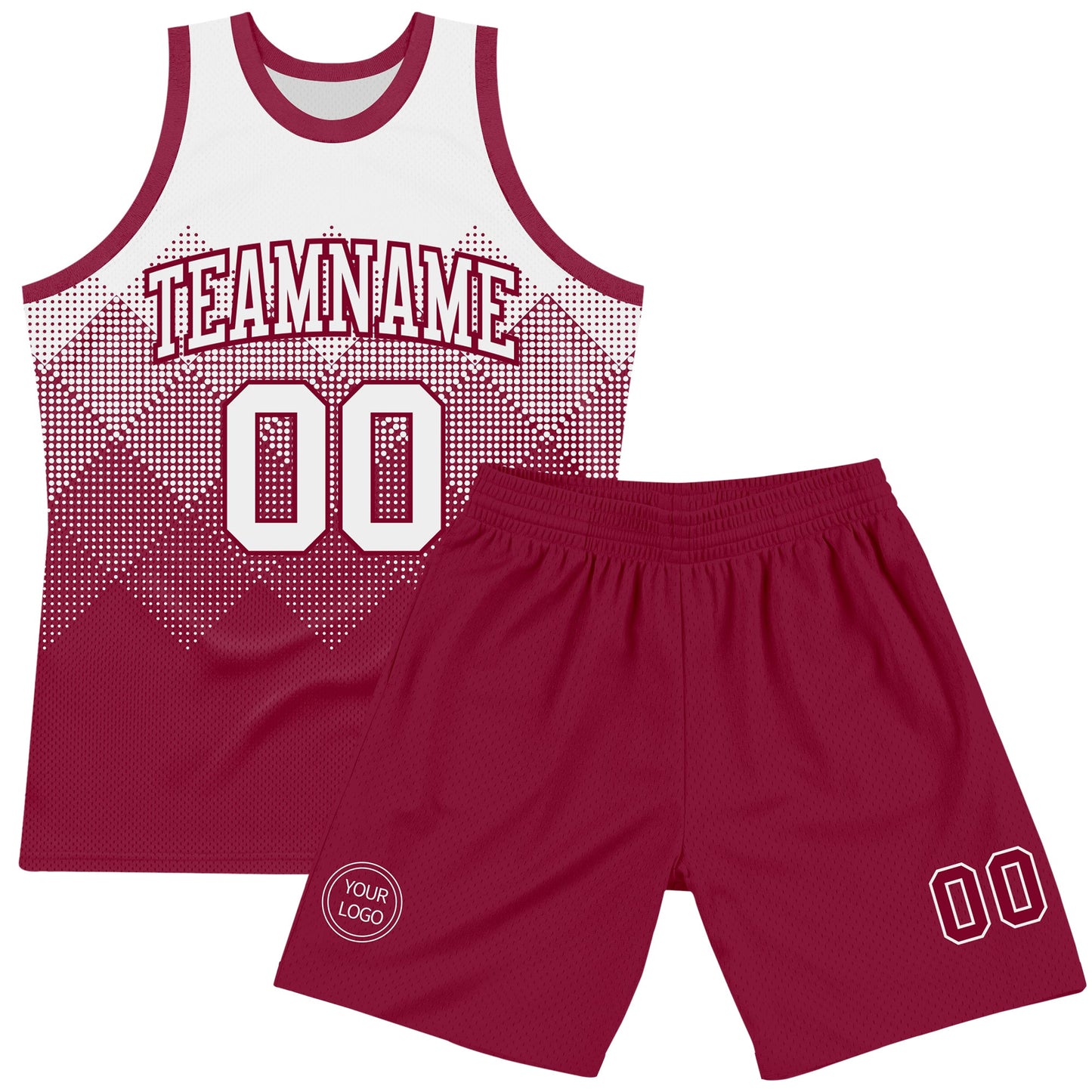 Custom White Maroon Gradient Square Shapes Round Neck Sublimation Basketball Set Jersey view 2