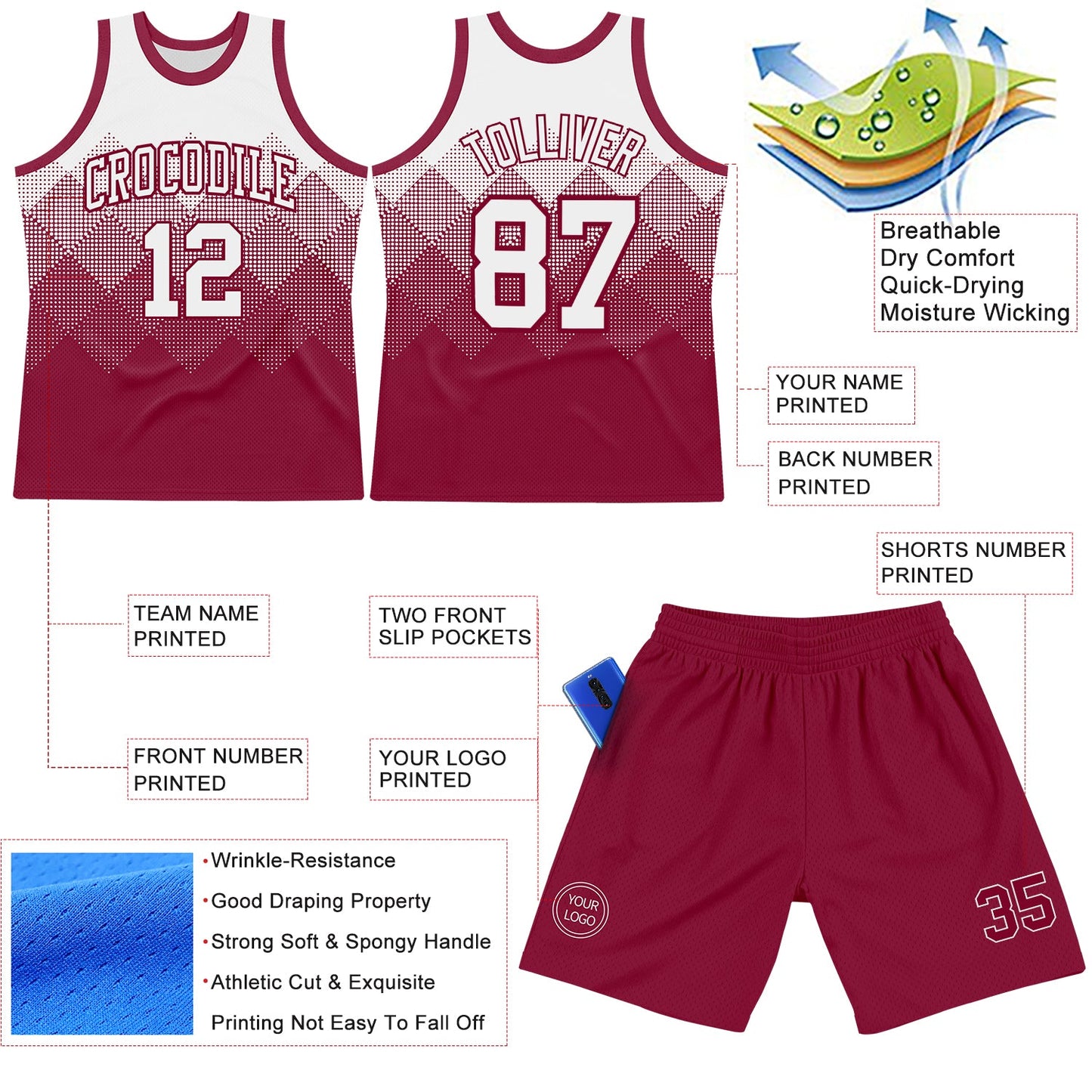 Custom White Maroon Gradient Square Shapes Round Neck Sublimation Basketball Set Jersey view 3