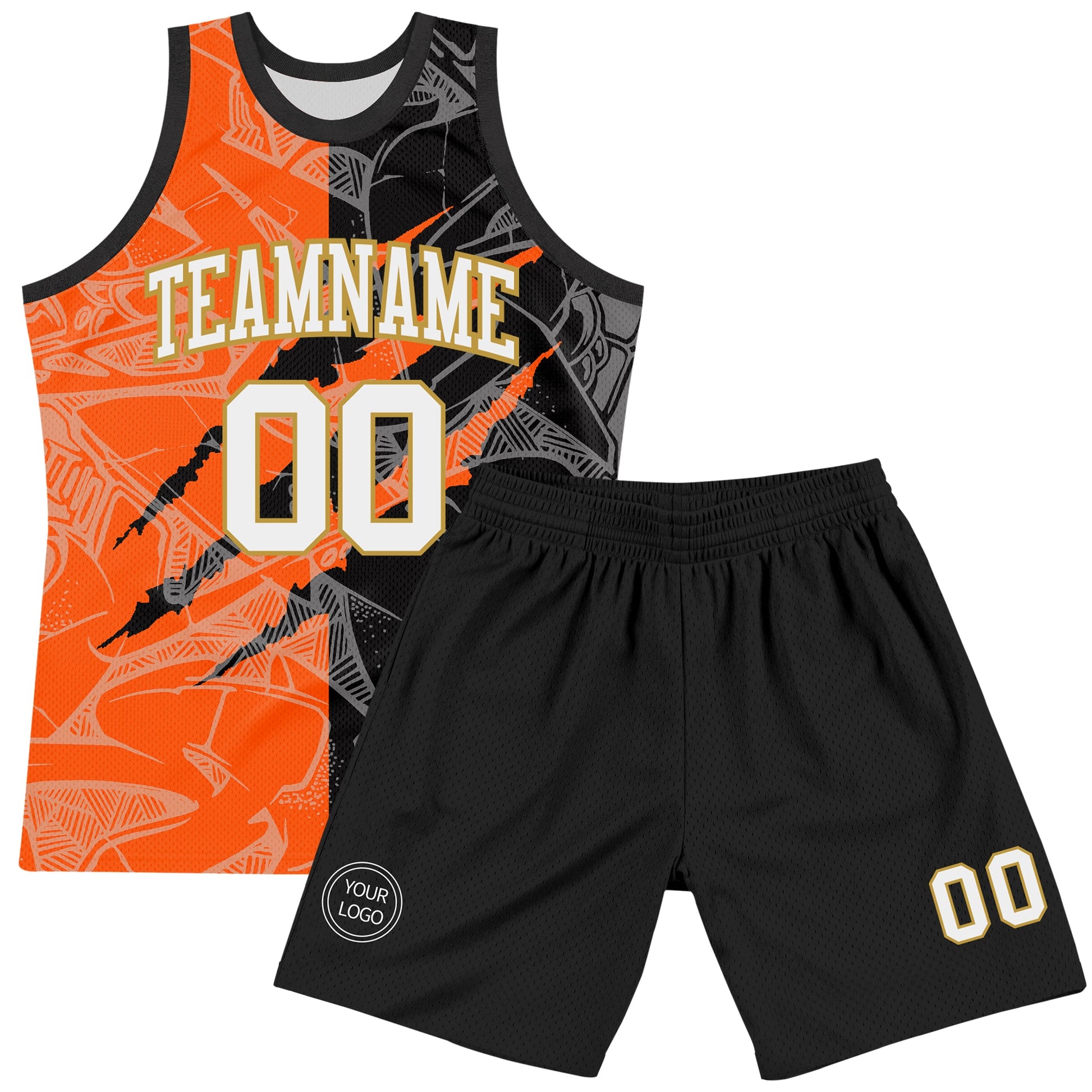 Custom Graffiti Pattern White Black Orange-Old Gold Scratch Round Neck Sublimation Basketball Set Jersey view 2