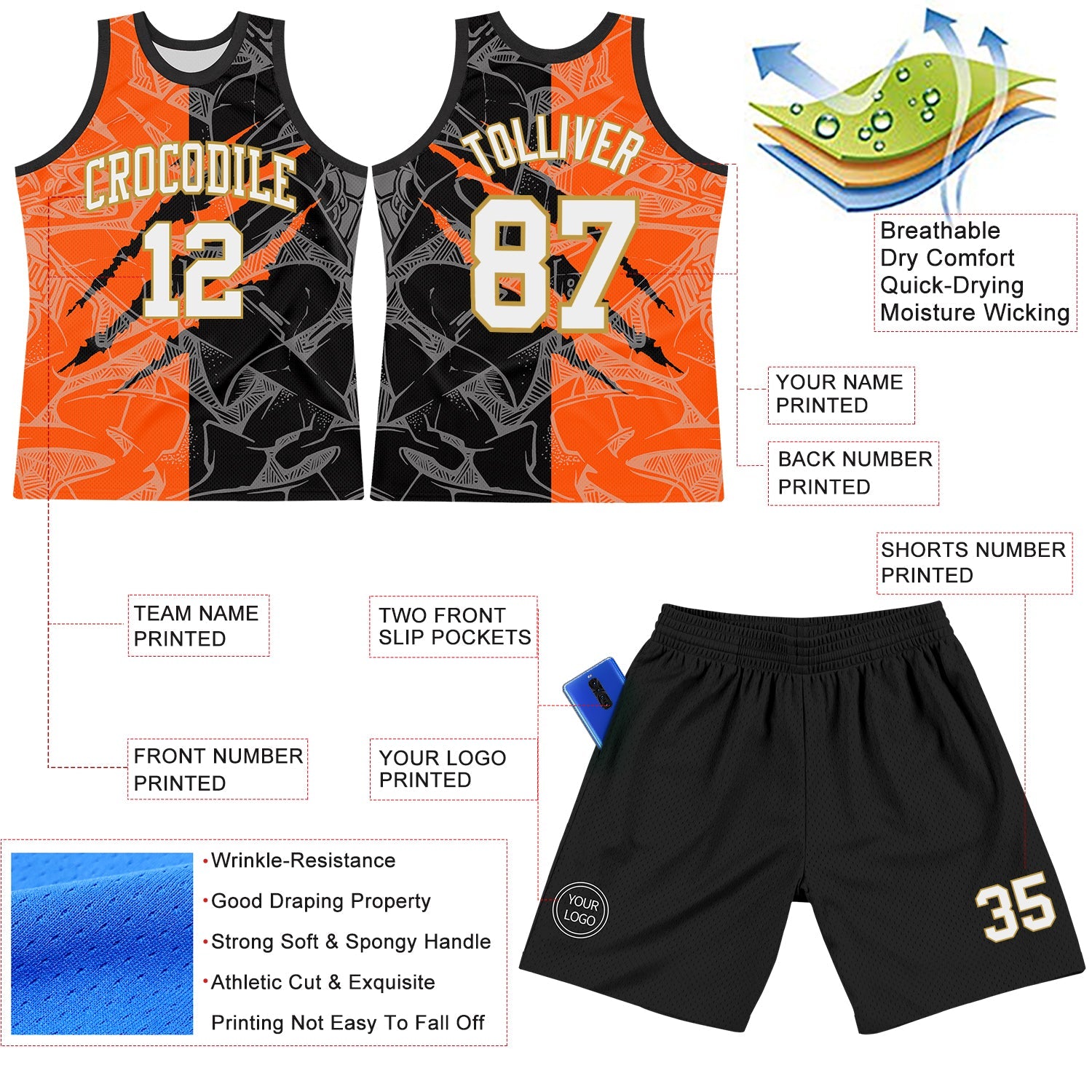 Custom Graffiti Pattern White Black Orange-Old Gold Scratch Round Neck Sublimation Basketball Set Jersey view 3