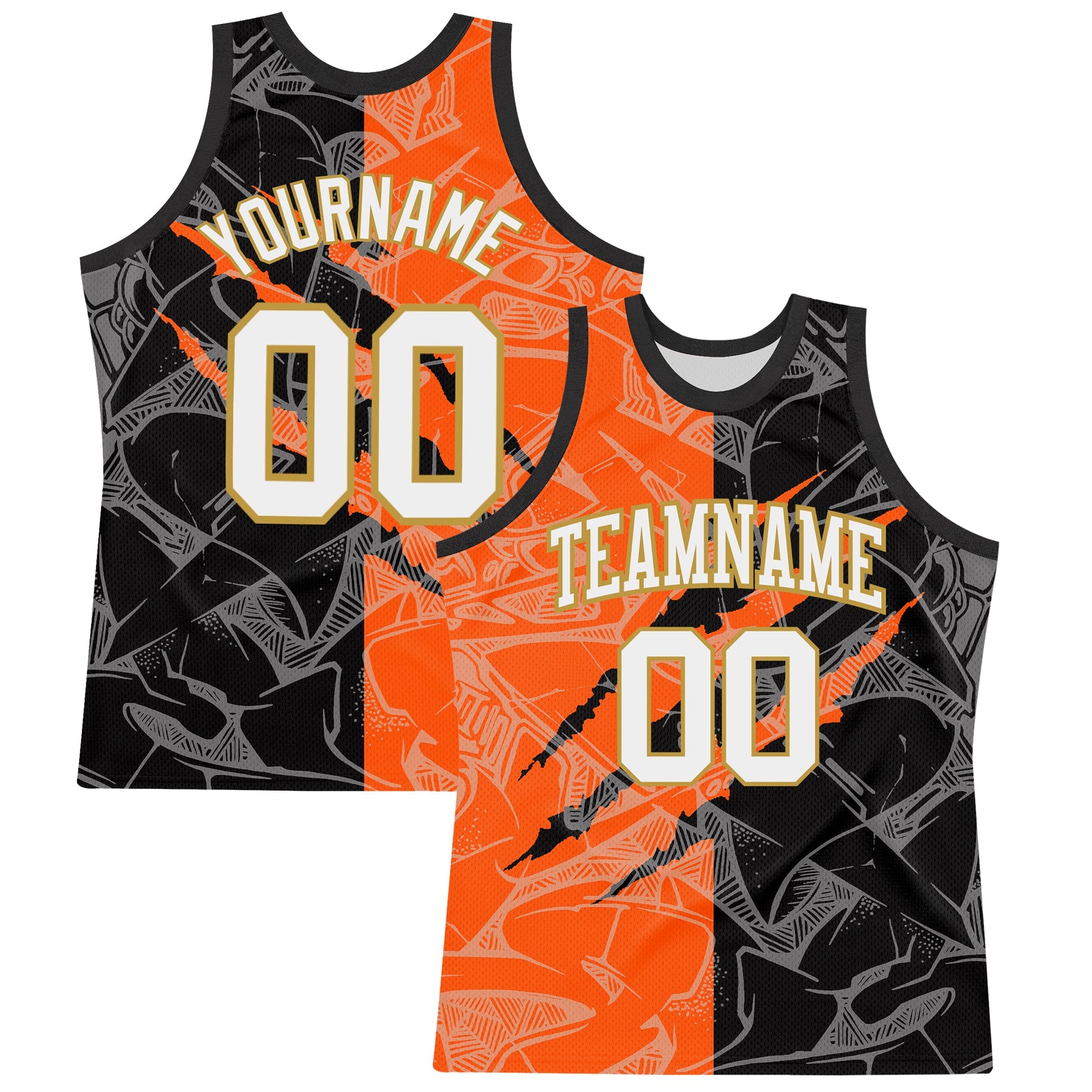 Custom Graffiti Pattern White Black Orange-Old Gold Scratch Round Neck Sublimation Basketball Set Jersey - Main View