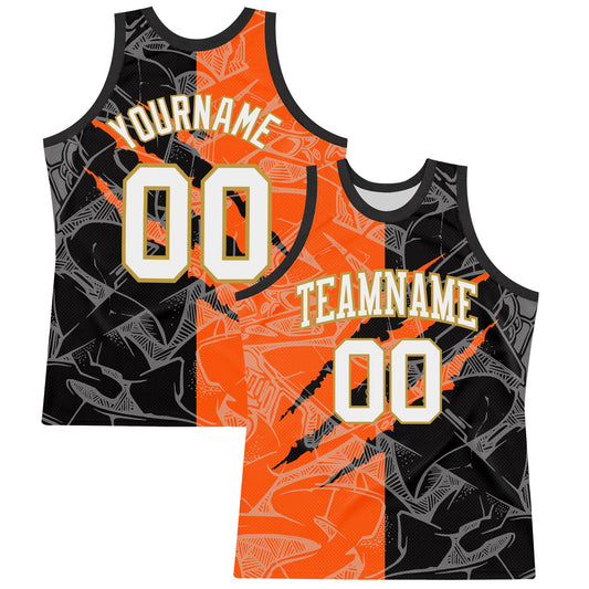 Custom Graffiti Pattern White Black Orange-Old Gold Scratch Round Neck Sublimation Basketball Set Jersey - Main View