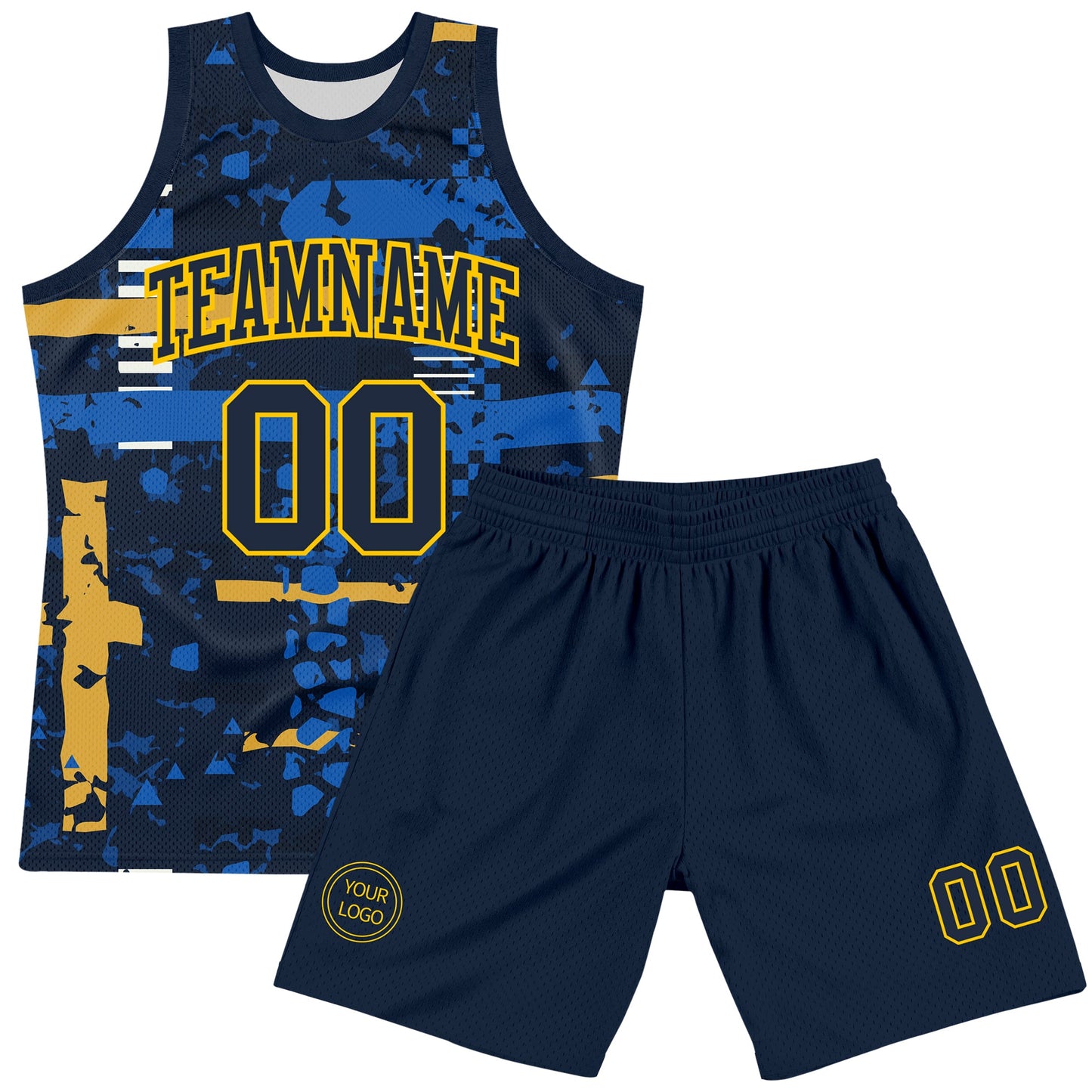 Custom Navy Yellow Abstract Shape Fragment Art Round Neck Sublimation Basketball Set Jersey view 2