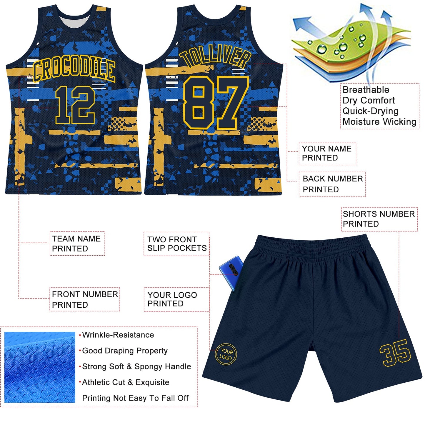 Custom Navy Yellow Abstract Shape Fragment Art Round Neck Sublimation Basketball Set Jersey view 3