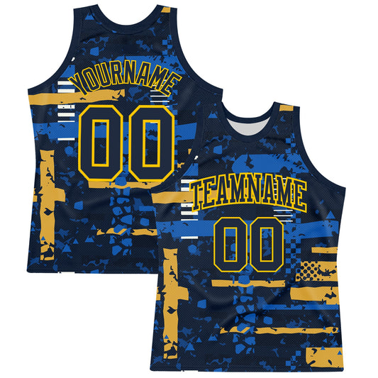 Custom Navy Yellow Abstract Shape Fragment Art Round Neck Sublimation Basketball Set Jersey - Main View