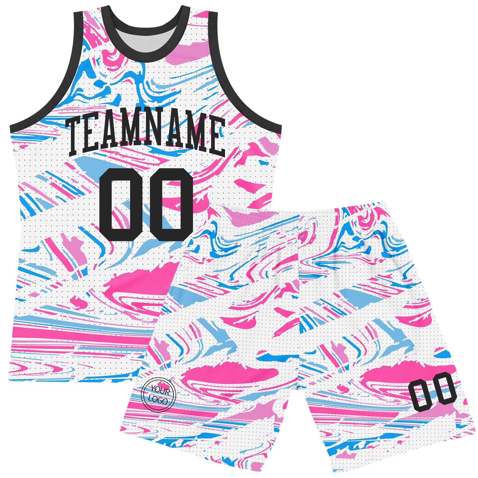 Custom Figure Black Pink-Light Blue Fluid Art Round Neck Sublimation Basketball Set Jersey view 2