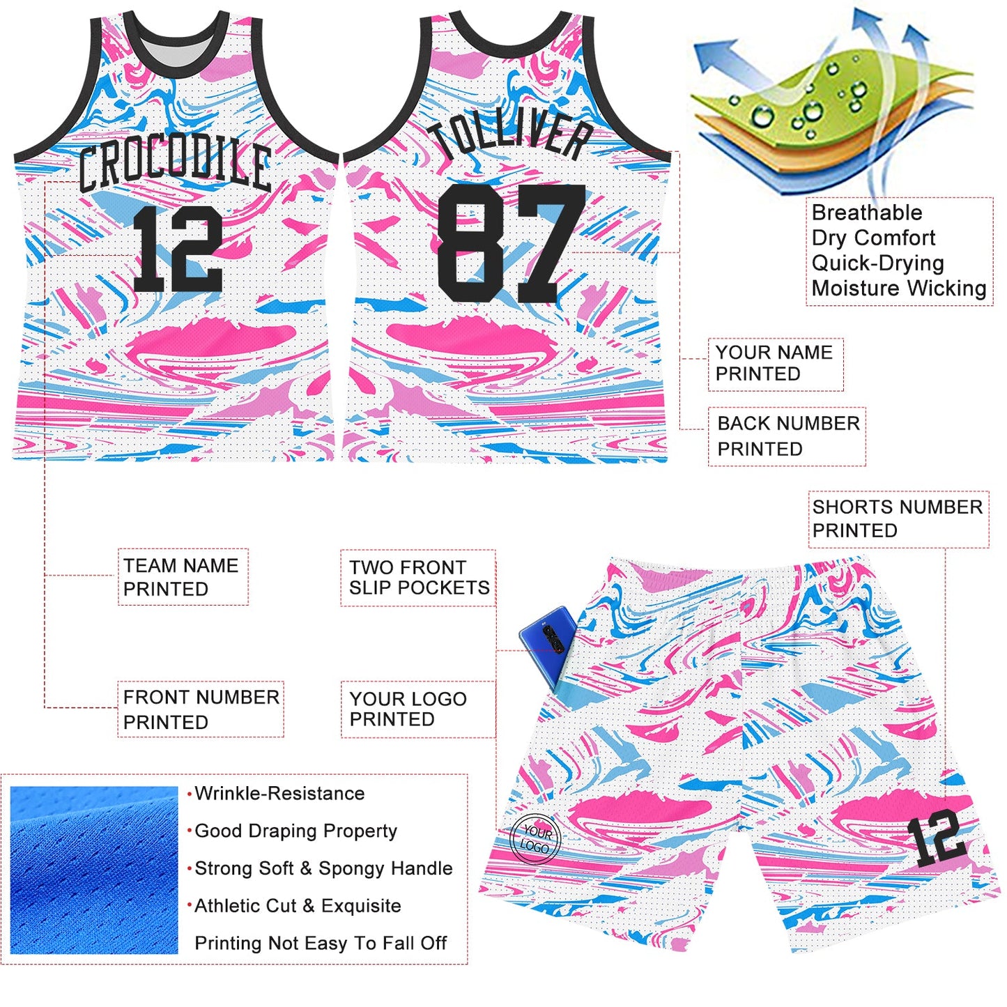 Custom Figure Black Pink-Light Blue Fluid Art Round Neck Sublimation Basketball Set Jersey view 3