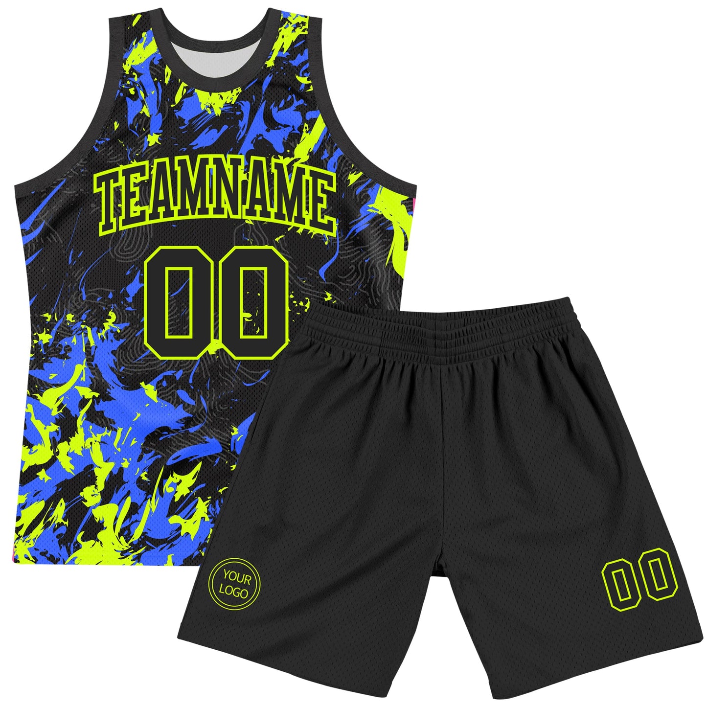 Custom Black Neon Green-Royal Splash Round Neck Sublimation Basketball Set Jersey view 2