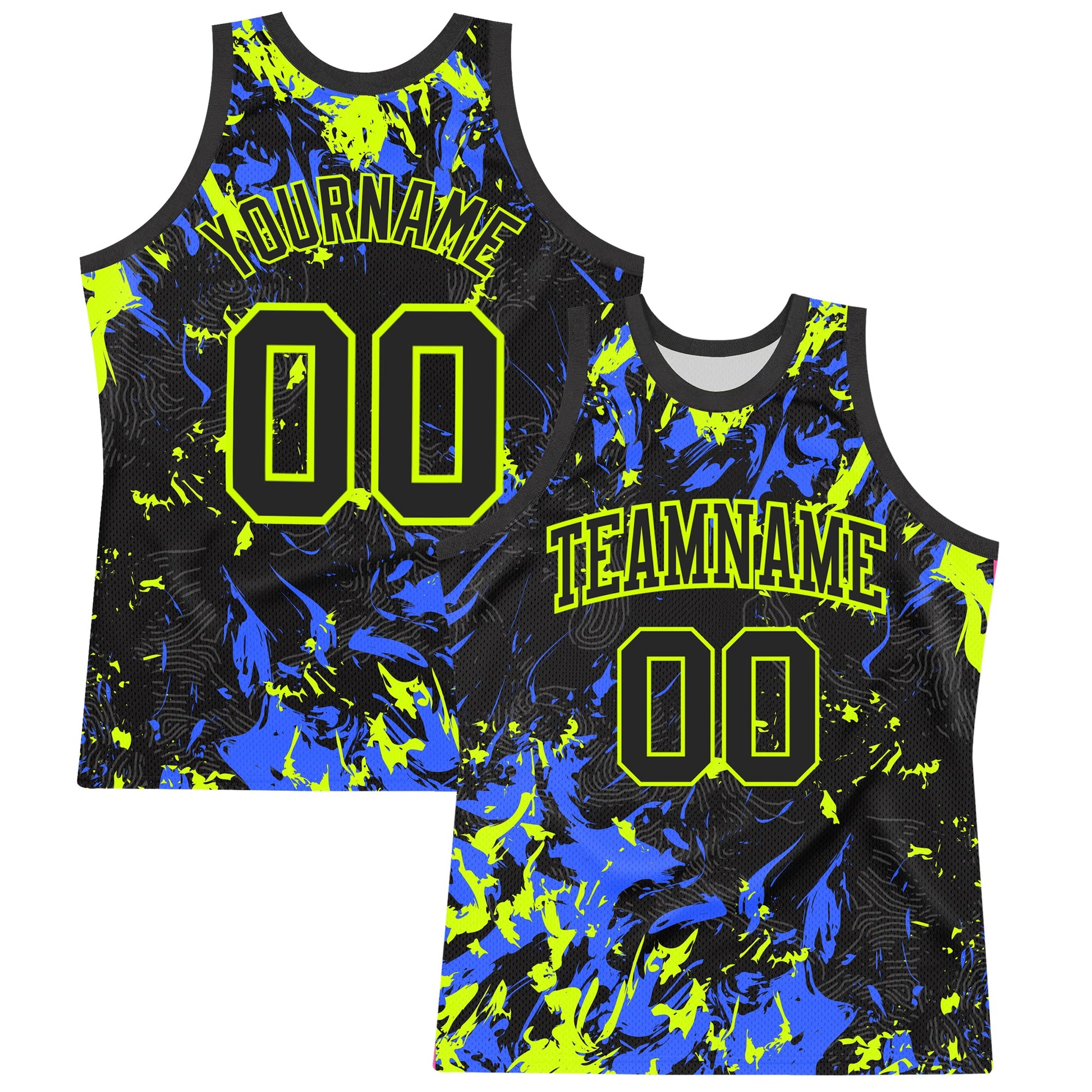 Custom Black Neon Green-Royal Splash Round Neck Sublimation Basketball Set Jersey - Main View
