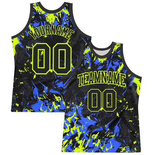 Custom Black Neon Green-Royal Splash Round Neck Sublimation Basketball Set Jersey - Main View