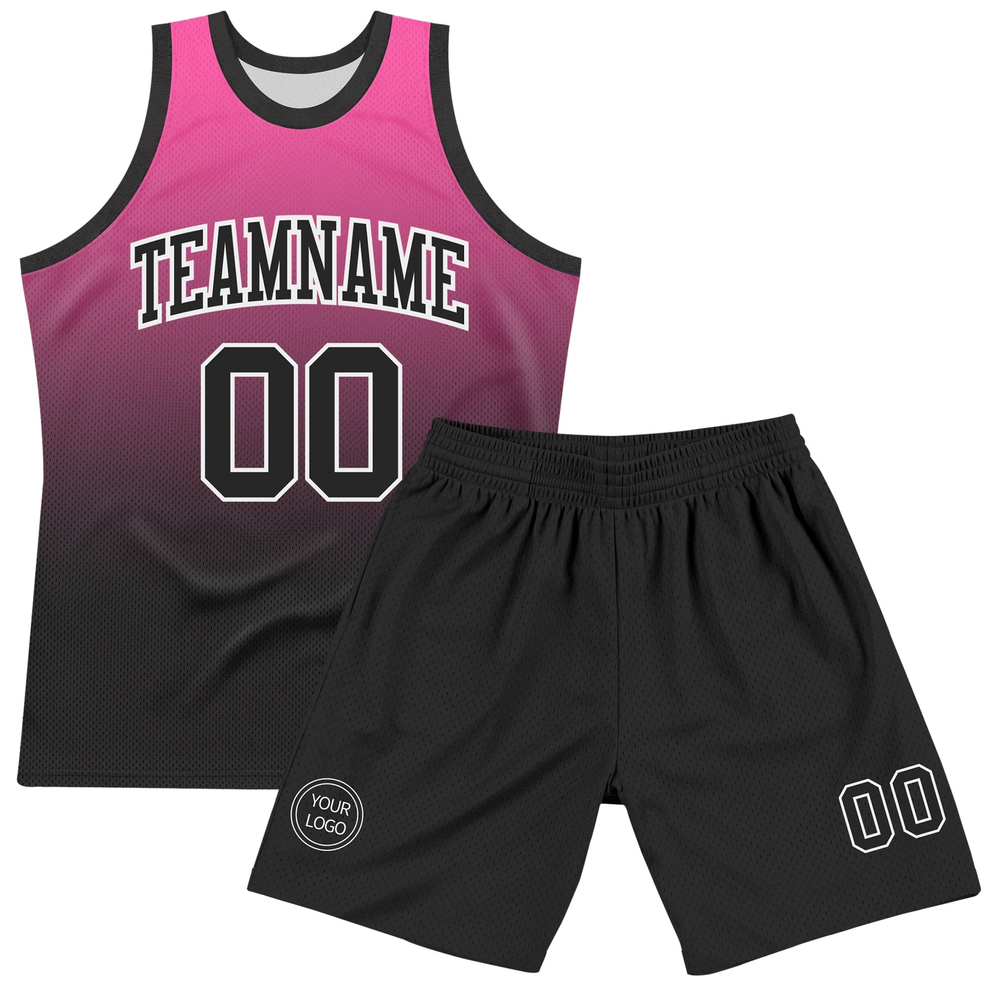 Custom Pink Black-White Fade Fashion Round Neck Sublimation Basketball Set Jersey view 2