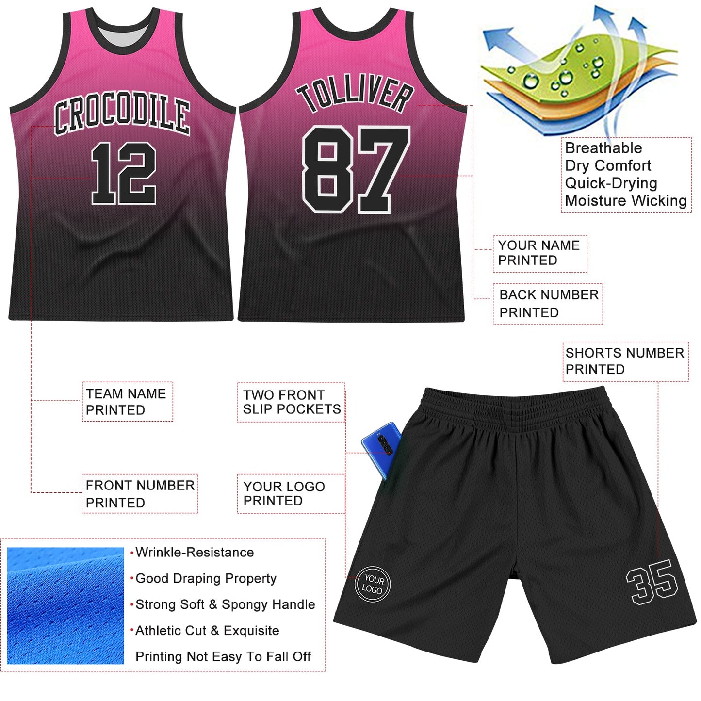 Custom Pink Black-White Fade Fashion Round Neck Sublimation Basketball Set Jersey view 3