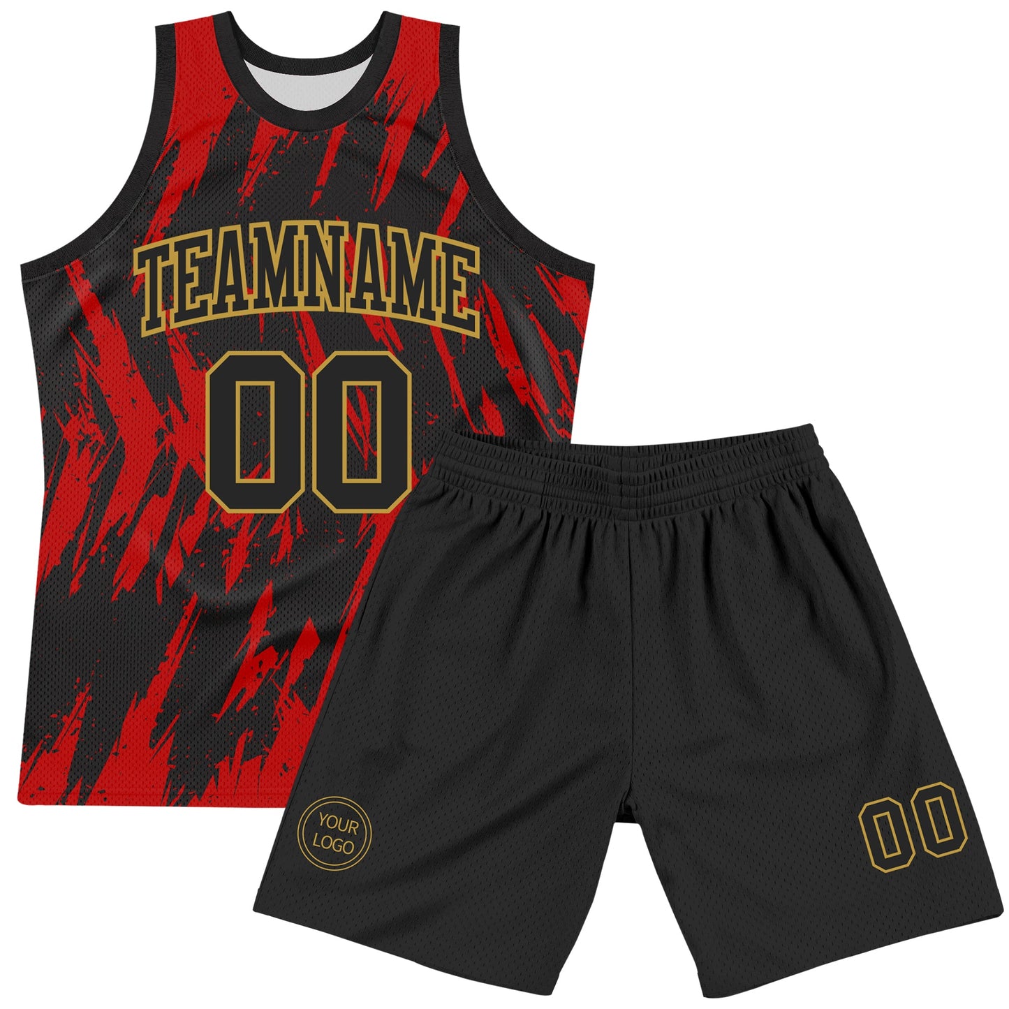Custom Black Red-Old Gold Splash Round Neck Sublimation Basketball Set Jersey view 2