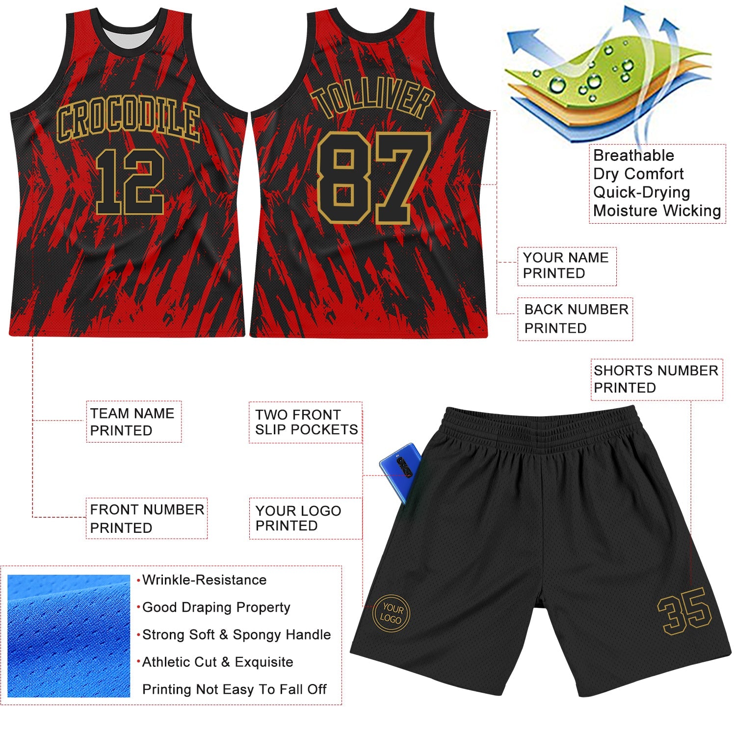 Custom Black Red-Old Gold Splash Round Neck Sublimation Basketball Set Jersey view 3