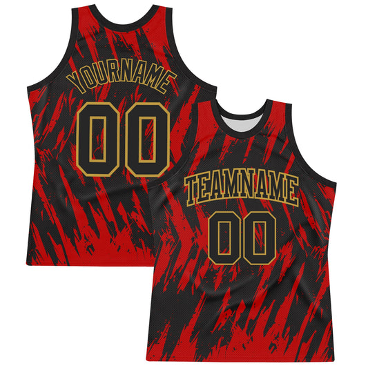 Custom Black Red-Old Gold Splash Round Neck Sublimation Basketball Set Jersey - Main View