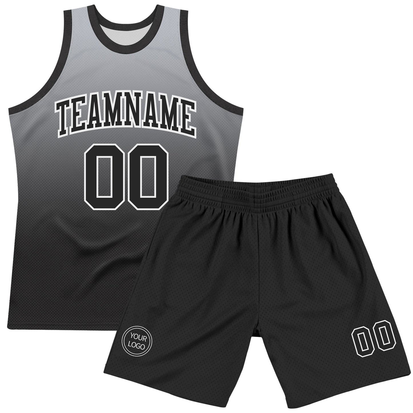 Custom Gray Black-White Fade Fashion Round Neck Sublimation Basketball Set Jersey view 2