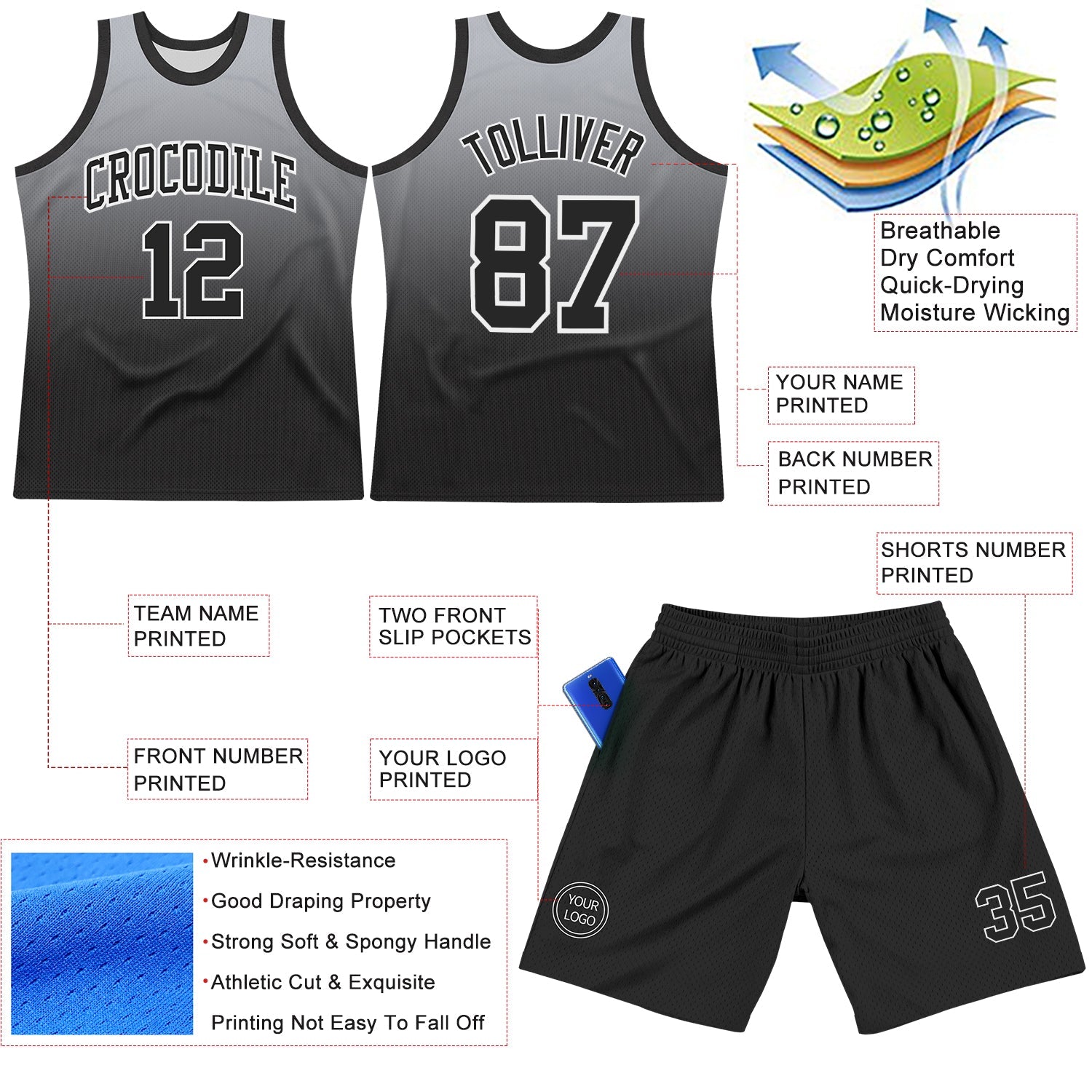 Custom Gray Black-White Fade Fashion Round Neck Sublimation Basketball Set Jersey view 3