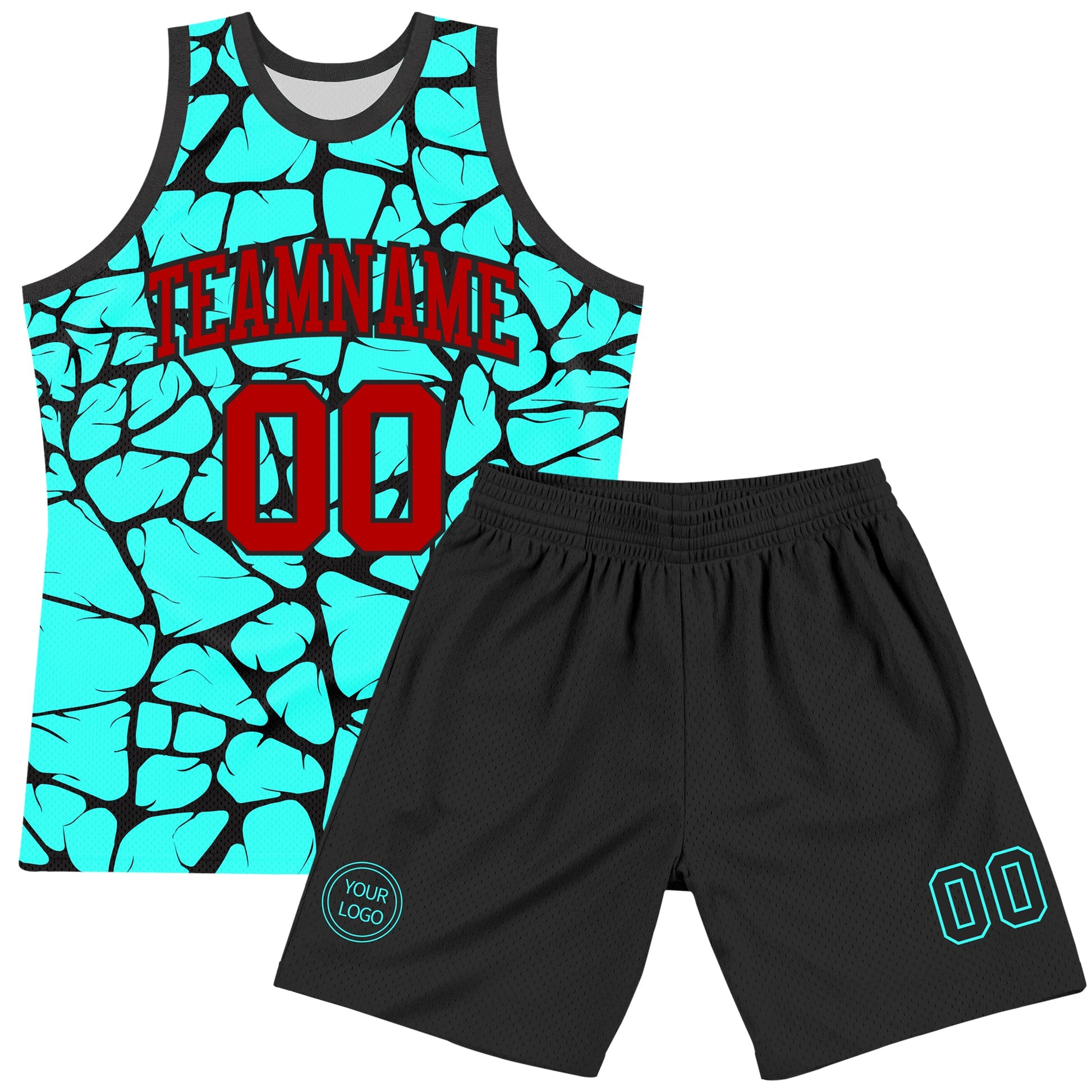 Custom Aqua Red-Black Abstract Network Round Neck Sublimation Basketball Set Jersey view 2