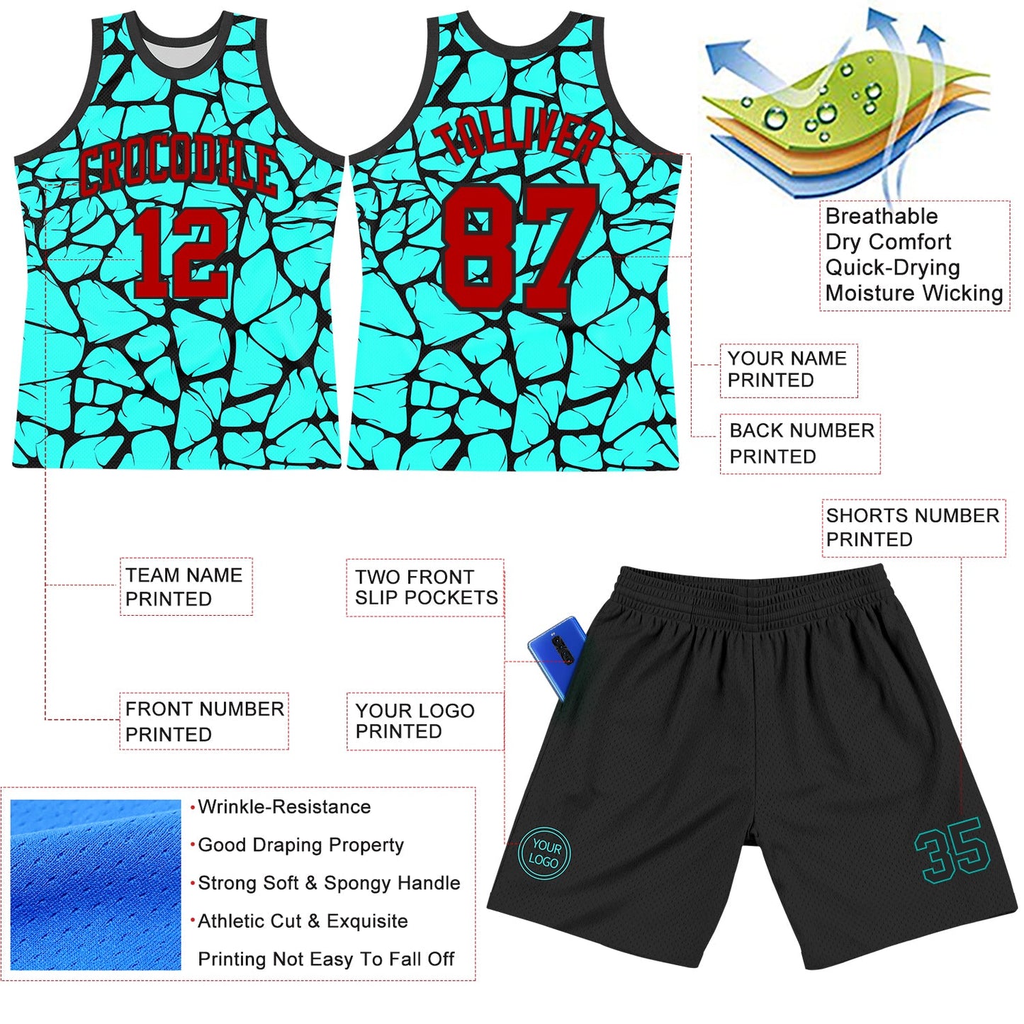 Custom Aqua Red-Black Abstract Network Round Neck Sublimation Basketball Set Jersey view 3