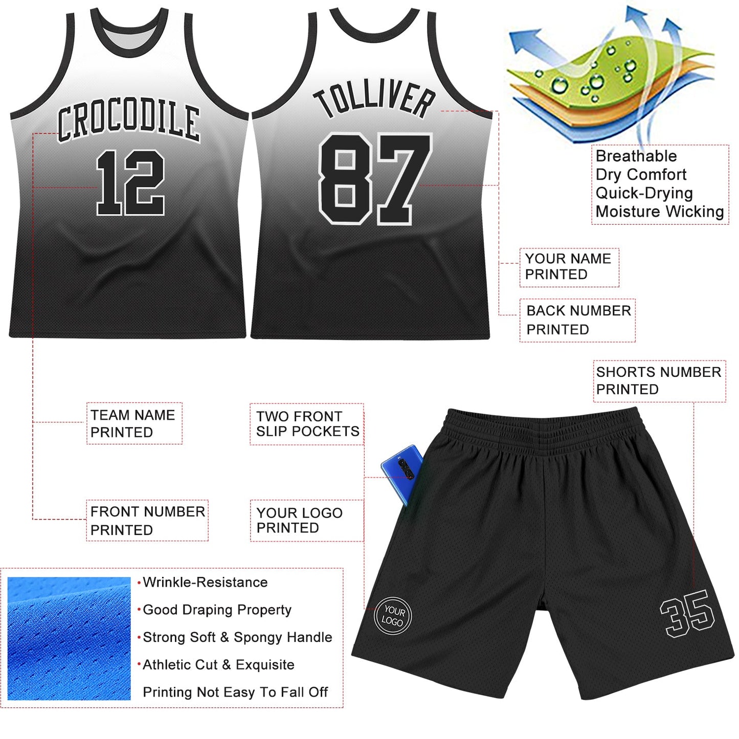 Custom White Black Fade Fashion Round Neck Sublimation Basketball Set Jersey view 3