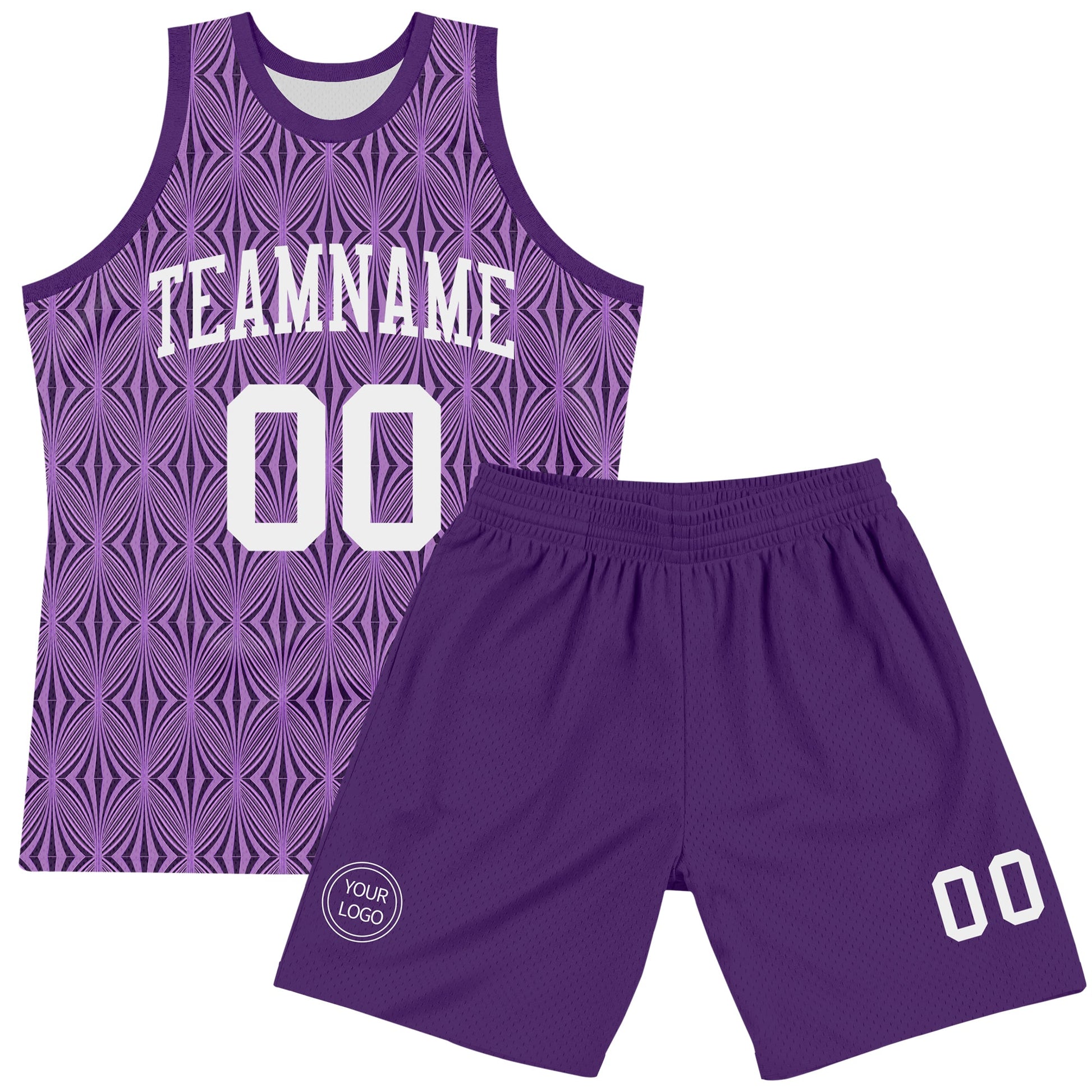 Custom Purple White Geometric Shape Round Neck Sublimation Basketball Set Jersey view 2