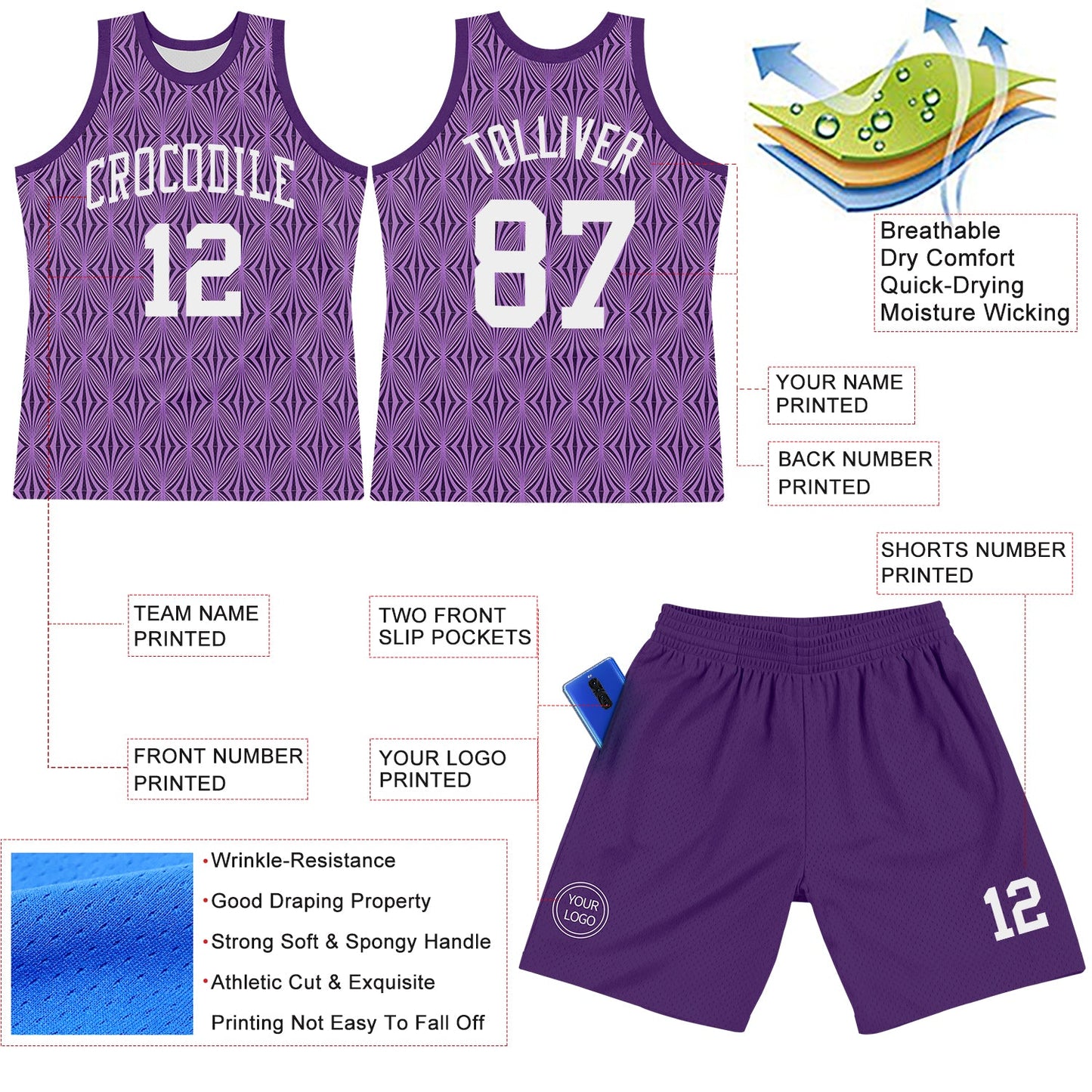 Custom Purple White Geometric Shape Round Neck Sublimation Basketball Set Jersey view 3