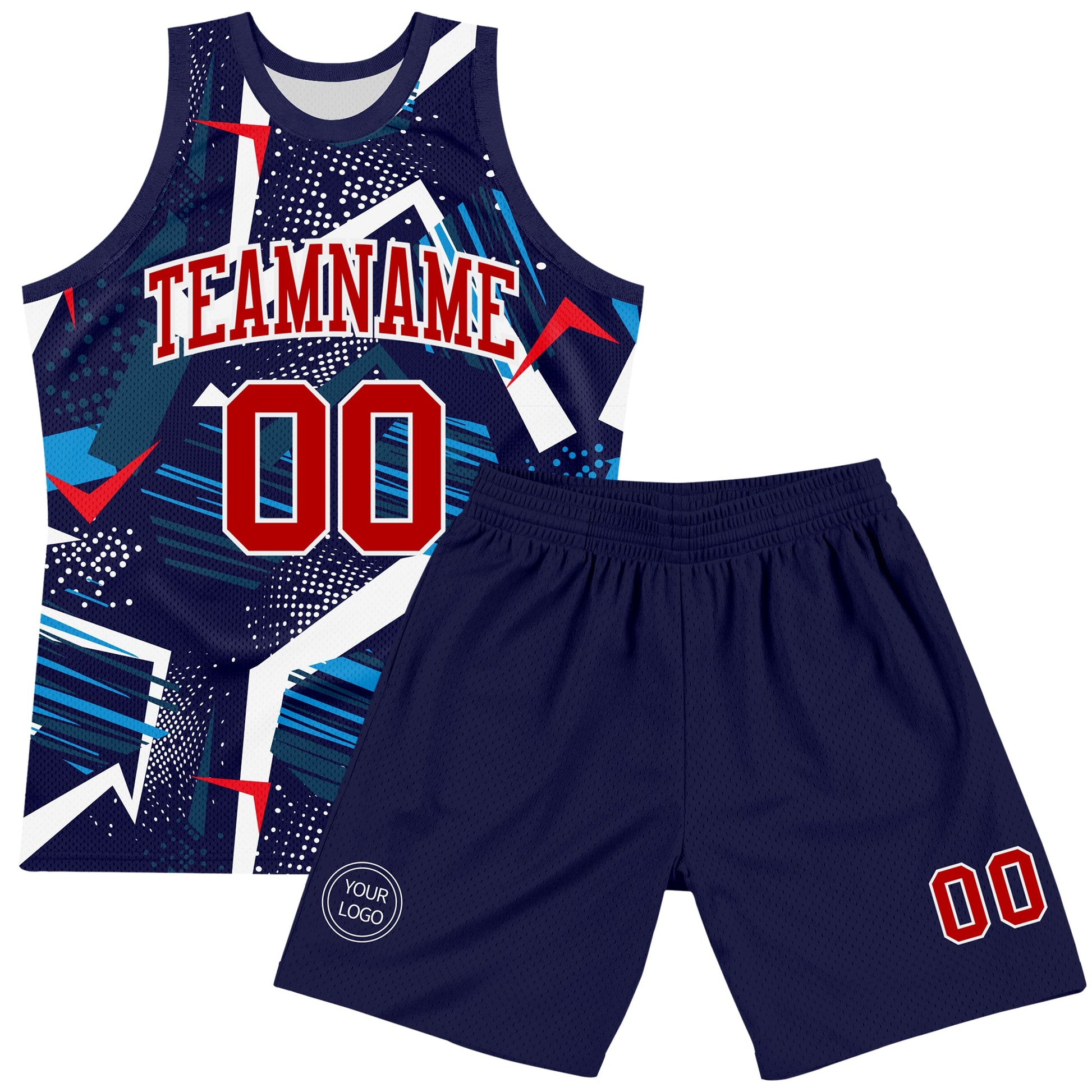 Custom Navy Red-White Geometric Shape Round Neck Sublimation Basketball Set Jersey view 2
